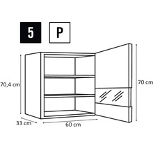 Schéma technique de l'armoire murale avec les dimensions suivantes : 70,4 cm de haut, 60 cm de large et 33 cm de profondeur