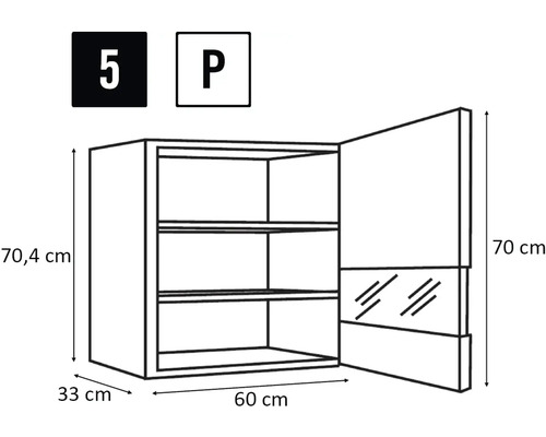 Schéma technique de l'armoire murale avec les dimensions suivantes : 70,4 cm de haut, 60 cm de large et 33 cm de profondeur