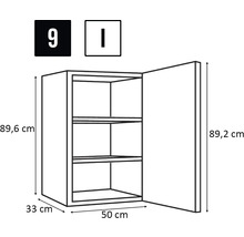 Image d'un meuble haut avec indications de dimensions : 89,6 cm de hauteur, 33 cm de profondeur et 50 cm de largeur.