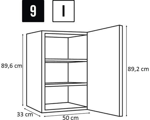 Image d'un meuble haut avec indications de dimensions : 89,6 cm de hauteur, 33 cm de profondeur et 50 cm de largeur.