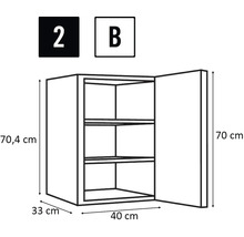 Dessin technique d'un élément haut avec porte et étagères intérieures, dimensions indiquées