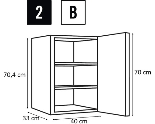 Dessin technique d'un élément haut avec porte et étagères intérieures, dimensions indiquées
