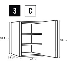 Dessin d'un meuble haut avec trois étagères et indication des dimensions