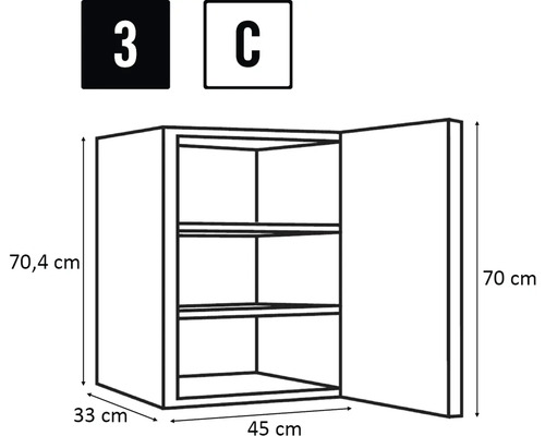 Dessin d'un meuble haut avec trois étagères et indication des dimensions