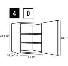 Skizze eines Hängeschranks mit den Maßen 70,4 cm Höhe, 33 cm Tiefe und 50 cm Breite.