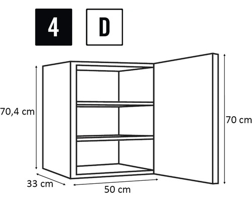Skizze eines Hängeschranks mit den Maßen 70,4 cm Höhe, 33 cm Tiefe und 50 cm Breite.