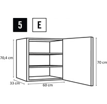Schéma technique d'un élément haut de cuisine avec trois étagères et les dimensions suivantes : 70,4 cm de hauteur, 33 cm de profondeur et 60 cm de largeur.