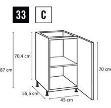 Schéma d'un meuble bas d'évier mesurant 87 x 45 x 55,5 cm.