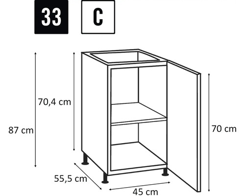 Schéma d'un meuble bas d'évier mesurant 87 x 45 x 55,5 cm.