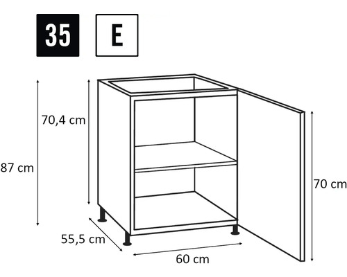Schéma d'un meuble bas de cuisine avec dimensions