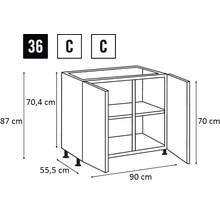 Illustration d'un meuble bas avec des dimensions de 90 x 87 x 55,5 centimètres.