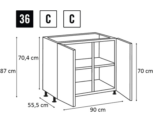 Illustration d'un meuble bas avec des dimensions de 90 x 87 x 55,5 centimètres.