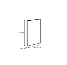 Miroir rectangulaire mesurant 70 cm de hauteur, 44,6 cm de largeur et 1,6 cm de profondeur.