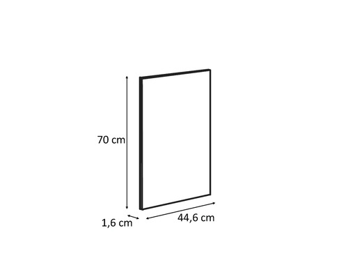 Miroir rectangulaire mesurant 70 cm de hauteur, 44,6 cm de largeur et 1,6 cm de profondeur.