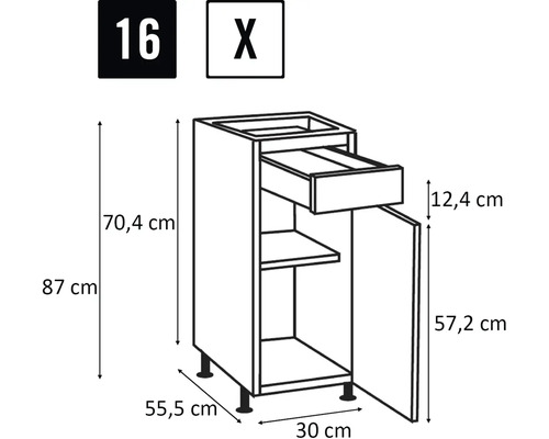 Schéma d'un meuble bas avec tiroir, porte, étagère et dimensions