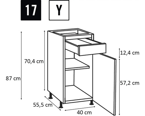Schéma technique d'un meuble bas avec tiroir et porte, avec indications de dimension