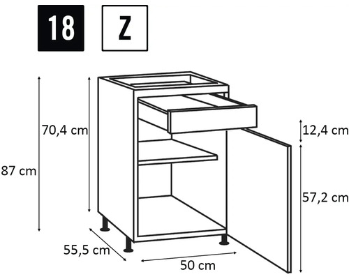 Dessin technique d'un meuble bas de cuisine avec tiroir et porte, et indications de dimensions