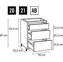 Schéma d'un meuble bas avec trois tiroirs et indications de dimensions