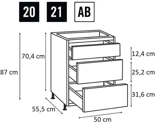 Schéma d'un meuble bas avec trois tiroirs et indications de dimensions