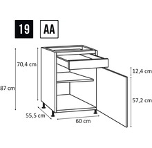 Dessin technique d'un meuble bas de cuisine avec tiroir et porte, dimensions comprises