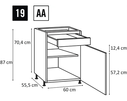 Dessin technique d'un meuble bas de cuisine avec tiroir et porte, dimensions comprises
