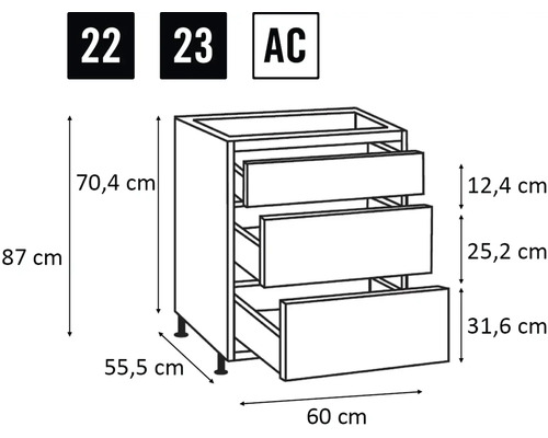 Dessin technique d'un meuble bas avec tiroirs et indications de dimensions.