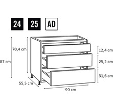 Schéma technique d'un meuble bas avec trois tiroirs et indications de dimensions.