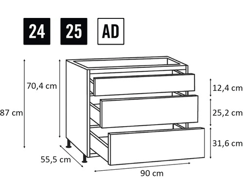 Schéma technique d'un meuble bas avec trois tiroirs et indications de dimensions.