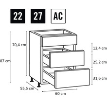 Meuble avec trois tiroirs, dimensions 60 x 55,5 x 87 cm