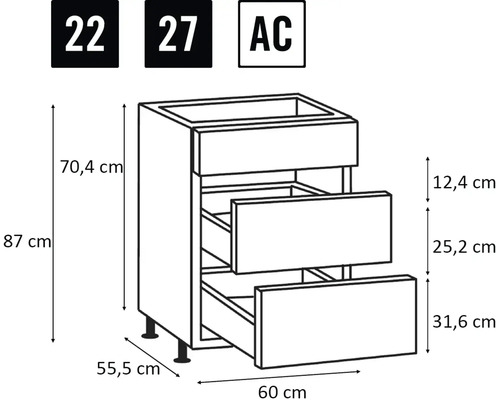 Meuble avec trois tiroirs, dimensions 60 x 55,5 x 87 cm