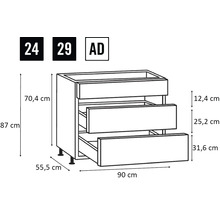 Schéma d'un meuble bas de cuisine avec tiroirs et dimensions