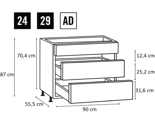 Schéma d'un meuble bas de cuisine avec tiroirs et dimensions