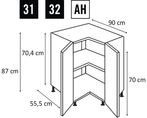 Dessin technique d'un meuble bas d'angle avec dimensions