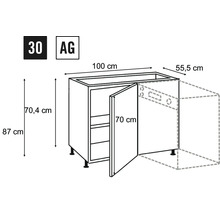 Dessin technique d'un meuble bas de cuisine avec dimensions.