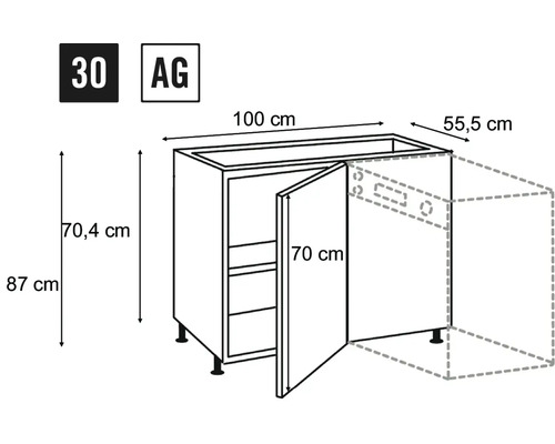 Dessin technique d'un meuble bas de cuisine avec dimensions.