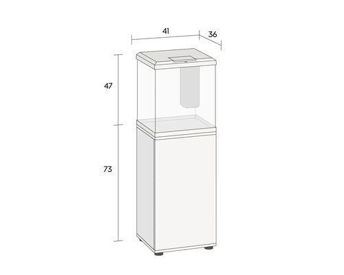 Image d'un aquarium avec meuble bas et indications de dimensions.