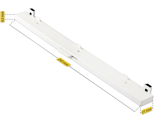 Glissière de tiroir simple mesurant 293 mm de long, 21 mm de large et 9,5 mm de haut.