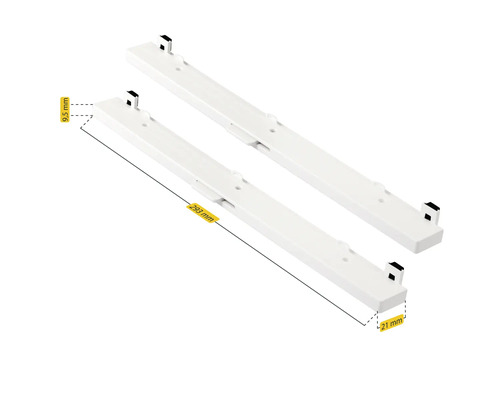 Zwei Schubladenschienen aus Metall mit den Maßen 293 x 21 x 9,5 Millimeter.