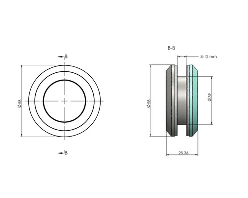 Dessin technique d'une pièce ronde avec des dimensions de 58 mm de diamètre et 25,36 mm de longueur