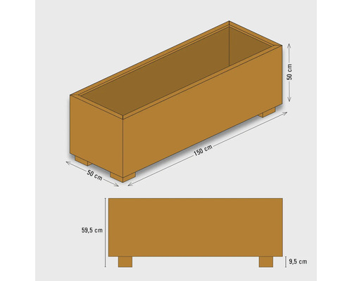 Abbildung eines Pflanzkastens mit den Maßen 150 mal 50 mal 50 Zentimeter und einem zusätzlichen Aufriss.
