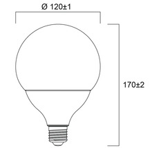 Dessin technique d'une lampe LED mesurant 120 millimètres de diamètre et 170 millimètres de hauteur