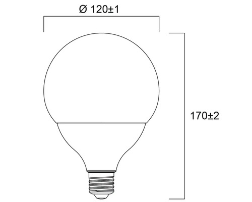 Dessin technique d'une lampe LED mesurant 120 millimètres de diamètre et 170 millimètres de hauteur