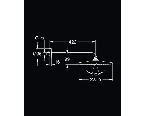 Schéma technique d'une pomme de douche avec dimensions