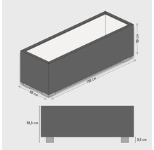 Illustration eines grauen Pflanzgefäßes mit den Maßen 150 mal 50 mal 59,5 Zentimeter