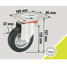 Roue pivotante avec les dimensions 105 mm, 85 mm, 37 mm, 157 mm et 125 mm et une capacité de charge de 100 kg.