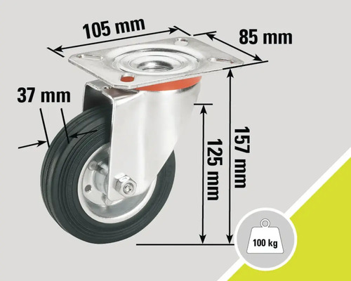 Roue pivotante avec les dimensions 105 mm, 85 mm, 37 mm, 157 mm et 125 mm et une capacité de charge de 100 kg.