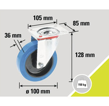 Image d'une roulette pivotante avec les dimensions 105 mm, 85 mm, 36 mm, 128 mm et 100 mm de diamètre, capacité de charge 150 kg