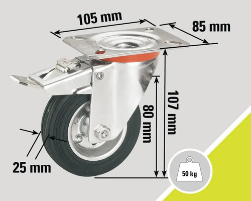 Roue pivotante avec frein et les dimensions 105 mm, 85 mm, 107 mm, 80 mm et 25 mm, capacité de charge 50 kg