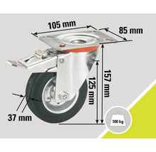 Roue pivotante avec frein et indications de dimensions : 105 mm, 85 mm, 157 mm, 125 mm, 37 mm, capacité de charge 100 kg
