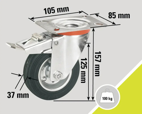 Roue pivotante avec frein et indications de dimensions : 105 mm, 85 mm, 157 mm, 125 mm, 37 mm, capacité de charge 100 kg